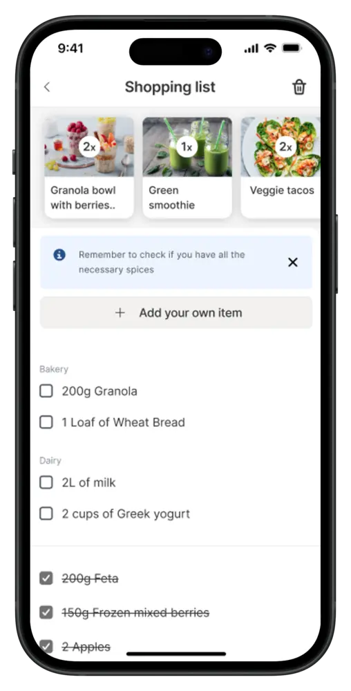 Shopping list in the app